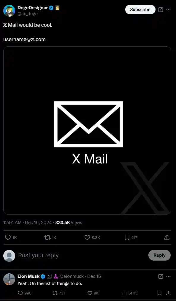 马斯克确认推出X Mail邮箱服务，首创单字母顶级域名！