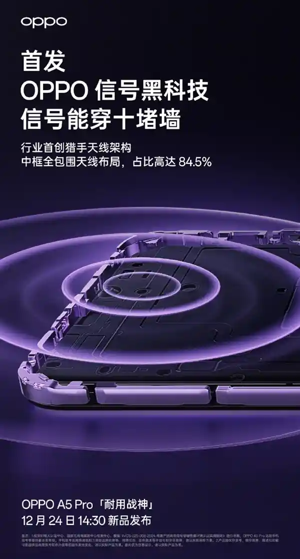 OPPO A5 Pro率先推出猎手天线架构：信号穿墙无忧