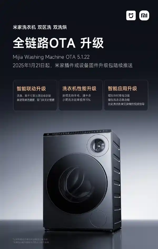 小米米家洗衣机全链路OTA升级：首创双区洗双洗烘，节省230元电费！