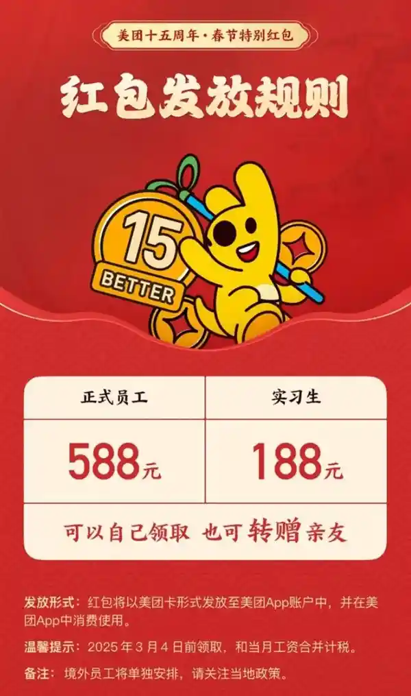 美团大手笔！员工福利大放送，正式员工每人588元，实习生也有188元红包等你领取