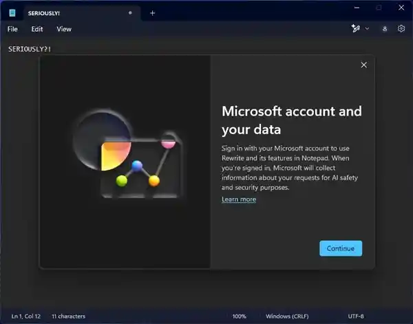 Windows 11记事本新政策：AI监控强制微软账户登陆