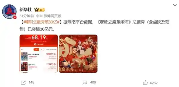 《哪吒之魔童闹海》票房破30亿，刷新国产动画纪录！