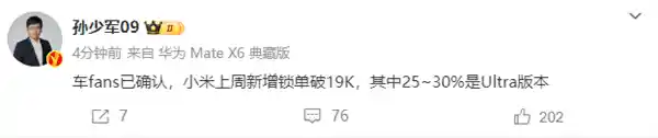 小米SU7单周锁单破2万台，Ultra版占比高达三成
