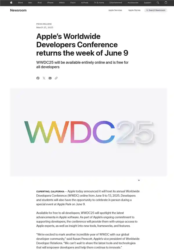 苹果宣布WWDC25定档6月9日：揭秘软件创新未来