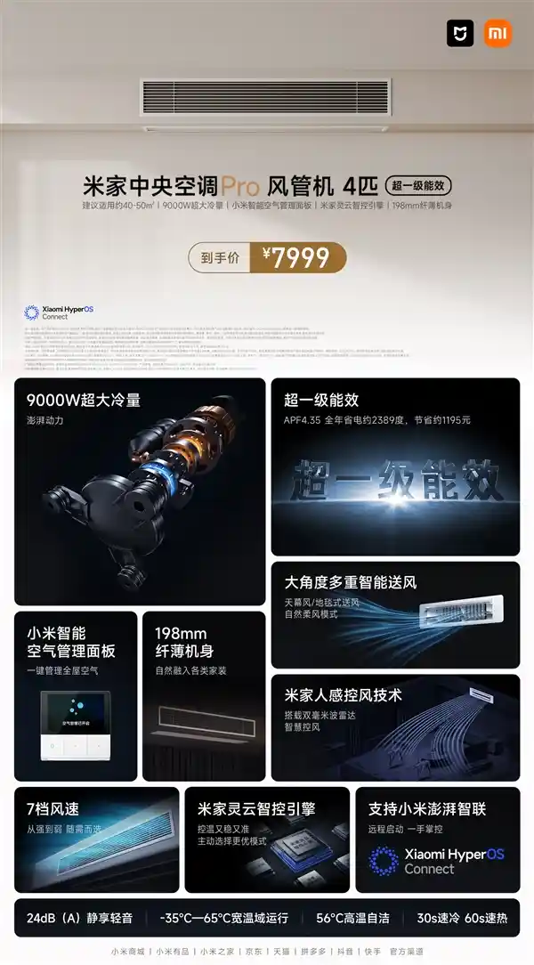 小米米家中央空调Pro风管机4匹震撼登场：智能出风口随行感应，引领空调新风尚