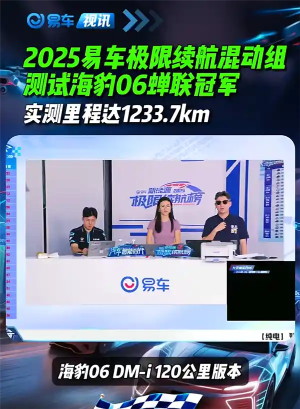 海豹06DM-i狂飙1233.7km！易车高环测试创纪录